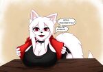 amoni_(artist) animal_humanoid anthro big_breasts breasts canid canine clothed clothing coat crop_top fair_argument_(meme) female fox hair humanoid mammal meme open_clothing open_coat open_topwear portuguese_text presenting presenting_breasts shirt simple_background solo text topwear white_body white_hair