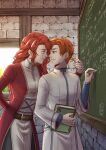  1boy 1girl absurdres arm_behind_back book chalk chalkboard commentary dress fire_emblem fire_emblem:_path_of_radiance flower green_eyes hetero highres holding holding_book holding_flower orange_eyes orange_hair red_dress red_hair rhys_(fire_emblem) smile titania_(fire_emblem) tsukkimin 
