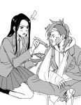  2girls absurdres alternate_universe arm_sling bandaged_arm bandages bento blush caitlyn_(league_of_legends) cast chopsticks commentary contemporary english_commentary facial_tattoo feeding greyscale highres holding holding_chopsticks hood hoodie injury league_of_legends monochrome multiple_girls murata_(igaratara) school_uniform sitting tattoo vi_(league_of_legends) yuri 