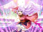  1girl ahoge confetti floating_hair flower folded_fan folding_fan game_cg hair_ornament hand_fan holding holding_fan japanese_clothes kimono long_hair long_sleeves looking_at_viewer obi official_art open_mouth otonashi_ichie outstretched_arms purple_hair red_kimono sash shoujo_kageki_revue_starlight shoujo_kageki_revue_starlight_-re_live- skirt skirt_under_kimono solo stage_lights upper_body white_skirt wide_sleeves yellow_eyes 