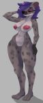absurd_res anthro breasts featureless_crotch female fur grey_background grey_body grey_fur hair hi_res hyena mammal markings nipples nude purple_hair red_eyes simple_background soda_sod solo spots spotted_body thick_thighs