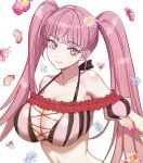  1girl armpits bare_shoulders bikini breasts cleavage closed_mouth collarbone commentary_request eyewear_on_head fire_emblem fire_emblem:_three_houses fire_emblem_heroes floral_background highres hilda_valentine_goneril hilda_valentine_goneril_(summer) large_breasts long_hair official_alternate_costume ootuk pink_bikini pink_eyes pink_hair smile solo stomach sunglasses swimsuit twintails upper_body white_background 