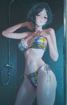  1girl absurdres bare_shoulders bikini black_hair blush breasts cleavage collarbone commentary dated floral_print floral_print_bikini frilled_bikini frills hand_on_own_chest hayami_kanade highres idolmaster idolmaster_cinderella_girls indoors large_breasts looking_at_viewer navel parted_bangs parted_lips print_bikini qingli_ye short_hair showering side-tie_bikini_bottom solo standing swimsuit wet yellow_eyes 