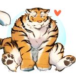  1boy absurdres animal_ears bara closed_eyes facing_viewer fluffy full_body furry furry_male heart highres male_focus muscular muscular_male o_reowoof orange_fur original pawpads plump sitting smile solo tail thick_eyebrows tiger_boy tiger_ears tiger_stripes tiger_tail whiskers white_fur 
