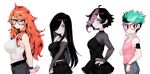  4girls amora_allegro aria_wintermint arms_behind_back beamed_eighth_notes belt black-framed_eyewear black_belt black_choker black_dress black_eyes black_hair black_pants black_tank_top blush breasts bust_chart choker commentary cowboy_shot crop_top dress earrings emo_fashion english_commentary freckles from_side green_hair grey_eyes hair_over_one_eye hand_on_own_hip hand_up highres index_finger_raised jewelry kaz_asteri large_breasts lineup long_hair looking_at_viewer medium_breasts midriff mika_(paroro) multicolored_hair multiple_girls musical_note orange_hair original pants parororo pink_tank_top purple_eyes purple_hair short_hair simple_background small_breasts smile streaked_hair tank_top tattoo undercut very_long_hair white_background white_tank_top 
