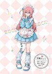  1girl absurdres alternate_costume apron asymmetrical_legwear beamed_eighth_notes blue_dress blue_eyes blush bocchi_the_rock! bow chinese_commentary closed_mouth commentary_request cube_hair_ornament dress eighth_note english_text frilled_apron frilled_dress frills full_body gotoh_hitori hair_between_eyes hair_ornament hands_up heart heart_hands highres long_hair long_sleeves looking_at_viewer loose_socks maid maid_apron maid_headdress migolu mixed-language_text musical_note nuoweisenlin_tongren_gongzuoshi one_side_up pink_hair shoes socks solo standing white_apron 