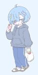  1girl :o ahoge bag bandaid bandaid_hair_ornament bandaid_on_cheek bandaid_on_face blue_background blue_eyes blue_hair blue_pants blush_stickers commentary_request drawstring full_body grey_hoodie hair_ornament highres holding holding_bag holding_phone hood hood_down hoodie izumi_(yura_izumi) kirby kirby_(series) open_mouth original pants phone sandals short_hair simple_background slides solo standing star_(symbol) star_hair_ornament 