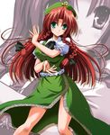  blush bow braid breasts fighting_stance green_eyes hair_bow hat hong_meiling large_breasts long_hair red_hair smile solo star touhou twin_braids yamu_(reverse_noise) zoom_layer 