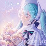  1girl 2023 artist_name black_bow black_bowtie blue_hair bow bowtie closed_eyes closed_mouth commentary english_text eyelashes flower hair_between_eyes hand_up hatsune_miku highres holding holding_flower light_smile mchang2312 miku_symphony_(vocaloid) pink_flower twintails twitter_username vocaloid 