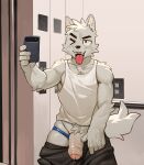 >_o 2025 absurd_res anthro art_uza athletic athletic_anthro athletic_male barazoku big_muscles big_penis biped black_eyes canid canine canis elevator foreskin fur genitals glans half-erect hi_res humanoid_genitalia humanoid_penis male mammal muscular penis selfie solo tongue tongue_out undressing_self vein veiny_hands veiny_penis white_body white_fur wolf