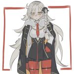 1girl ahoge black_coat blush bow braid breasts chain coat commentary english_commentary fate/grand_order fate_(series) frown fur_trim gloves hair_bow highres large_breasts long_hair necktie olga_marie_animusphere olga_marie_animusphere_(unbeast) orange_eyes pantyhose red_gloves red_pantyhose tamamocore very_long_hair white_hair 