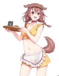  1girl :d absurdres animal_collar animal_ears apron artist_name blush bone_hair_ornament braid braided_twintails breasts brown_eyes brown_hair brown_tail buttons choker collar commentary_request crop_top cropped_shirt cup dated dog_ears dog_girl dog_tail doggy_god's_street double-parted_bangs ears_up extra_ears frilled_apron frills groin hair_between_eyes hair_ornament hairclip hat highres holding holding_tray hololive inugami_korone long_hair low_twin_braids low_twintails lowleg lowleg_skirt medium_breasts midriff miniskirt navel no_gloves official_alternate_costume open_mouth red_choker shirt signature simple_background skirt sleeveless sleeveless_shirt smile solo spiked_choker spikes stomach tail transparent_background traveler_(artbbt) tray twin_braids twintails virtual_youtuber visor_cap waist_apron waitress white_apron yellow_hat yellow_shirt yellow_skirt yunomi 
