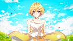  1girl blonde_hair blue_eyes blue_sky bow cloud cloudy_sky dress fingerless_gloves gloves grass hair_between_eyes highres holding holding_paper non-web_source official_art outdoors paper petals short_hair sky solo standing strapless taiyo_ami upper_body utau yellow_bow yellow_dress yellow_gloves yen-mi 