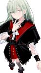 1girl absurdres ascot bang_dream! bang_dream!_it's_mygo!!!!! black_capelet black_skirt capelet commentary earrings green_hair grey_thighhighs hair_between_eyes hand_up hashtag-only_commentary highres jewelry long_hair long_sleeves looking_at_viewer mortis_(bang_dream!) mortis_(costume)_(bang_dream!) peke_(pekeiscat) red_shoes red_shorts see-through_clothes see-through_sleeves shirt shoes shorts shorts_under_skirt sidelocks simple_background skirt solo thighhighs wakaba_mutsumi white_ascot white_background white_shirt yellow_eyes 