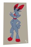 2019 2:3 anthro band-aid band-aid_on_face band-aid_on_nose bandage bandage_on_face bandage_on_nose biped black_nose buckteeth cheek_tuft collar collar_only digitigrade dipstick_ears ear_markings facial_tuft front_view fuf fur generation_8_pokemon grey_body grey_fur hands_on_own_hips hi_res leg_markings looking_at_viewer male markings multicolored_ears nintendo nude one_eye_closed pokemon pokemon_(species) red_eyes red_markings scorbunny scut_tail short_tail simple_background socks_(marking) solo tail teeth tuft wink winking_at_viewer