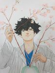  1boy black_eyes black_hair blue_shirt branch closed_mouth coat commentary_request flower hair_between_eyes highres holding holding_branch kounodori kounodori_sakura lapels long_sleeves male_focus notched_lapels shirt smile solo suzunoki_yuu upper_body v-neck white_background white_coat 