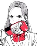  1girl bandaid bandaid_on_cheek bandaid_on_face bow bowtie boxing_gloves collared_shirt commentary_request forehead gloves greyscale hair_behind_ear highres lee_(dragon_garou) light_blush long_hair monochrome original portrait red_bow red_bowtie red_gloves shirt sideburns solo spot_color 
