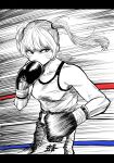  1girl boxing boxing_gloves boxing_ring boxing_shorts breasts commentary_request covering_own_mouth cowboy_shot fighting_stance highres lee_(dragon_garou) letterboxed long_hair monochrome motion_lines original serious shorts small_breasts solo speed_lines spot_color tank_top toned toned_female twintails 