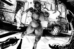 2025 angry anthro bathrobe big_breasts black_and_white breasts brothersmiler canid canine canis claws clothing domestic_dog duo featureless_breasts featureless_crotch feet female firing_weapon first_person_view footwear footwear_only gun handgun hi_res high_heels high_heels_only huge_breasts human imminent_death imminent_violence male mammal monochrome mostly_nude motion_lines nails nude poodle ranged_weapon recreational_vehicle revolver robe shocked shoes teeth thick_thighs toenails toes trilla_(brothersmiler) unknown_species weapon