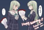  2girls bang_dream! bang_dream!_it's_mygo!!!!! black_choker blue_background blue_dress bouquet choker closed_mouth commentary dress extreme_yuri_buta frilled_choker frills green_hair hair_ornament hairclip highres holding holding_bouquet long_hair long_sleeves mortis_(bang_dream!) mortis_(persona)_(bang_dream!) multiple_girls open_mouth plaid_clothes plaid_dress simple_background translation_request wakaba_mutsumi yellow_eyes 