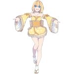  1girl blonde_hair blue_eyes bow breasts detached_sleeves floral_print frilled_sleeves frills full_body hair_between_eyes highres japanese_clothes kimono light_blush looking_at_viewer low_twintails non-web_source official_alternate_costume official_art open_mouth outstretched_arms sandals short_hair short_twintails sidelocks simple_background small_breasts socks solo standing standing_on_one_leg straight-on strapless_kimono tachi-e taiyo_ami transparent_background twintails utau white_socks wide_sleeves yellow_bow yellow_kimono yellow_sleeves yen-mi 