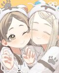  2girls animal_hat blonde_hair blush brown_eyes brown_hair closed_eyes closed_mouth colored_eyelashes commentary_request facing_viewer fingernails fur_hat fur_jacket gakuen_idolmaster hair_ornament hairclip hands_up hat highres hug idolmaster inset_border jacket kuramoto_china long_hair looking_at_another looking_to_the_side multiple_girls noko_(nowako33) one_eye_closed parallel_hairclips parted_bangs paw_print pink_nails shinosawa_hiro sparkle white_hat white_jacket yellow_background 