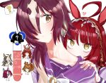  6+girls animal_ears aston_machan_(umamusume) baejimile black_hair blue_eyes blush bow brown_hair carrying carrying_person closed_mouth commentary crown daiwa_scarlet_(umamusume) dream_journey_(umamusume) eyepatch glasses green_eyes hair_over_one_eye highres horse_ears horse_girl kiss_meter_(meme) kissing_back long_hair long_sleeves looking_at_another looking_at_viewer meme mini_crown multicolored_hair multiple_girls one_side_up piggyback purple_sailor_collar purple_shirt red_desire_(umamusume) red_hair red_veil sailor_collar school_uniform shirt sweatdrop symbol-only_commentary tanino_gimlet_(umamusume) tracen_school_uniform twintails two-tone_hair umamusume veil vodka_(umamusume) white_bow white_hair yellow_eyes yuri 