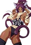 animal_ears bare_shoulders bleach blush breasts cameltoe cat_ears cat_tail dark_skin fingernails jeibii large_breasts long_hair looking_at_viewer nipples paw_pose ponytail purple_hair shihouin_yoruichi smile solo tail thighhighs yellow_eyes 