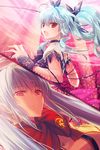  banned_artist blue_hair detached_sleeves gs_7th_star hair_ribbon linus_falco long_hair lowres multiple_girls open_mouth outstretched_hand red_eyes reum ribbon scarf sword_girls twintails white_hair 