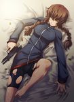  amane_suzuha barefoot beretta_92 bike_shorts braid brown_hair bullet finger_on_trigger gun handgun highres jacket locked_slide long_hair lying otarou_(otamax) pistol shell_casing shiny shiny_skin skindentation solo steins;gate torn_clothes track_jacket twin_braids weapon yellow_eyes 