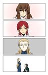  3girls ahoge black_eyes black_hair blonde_hair blue_eyes brown_hair comic failure fate/zero fate_(series) genderswap grainne kayneth_el-melloi_archibald lancer_(fate/zero) maruo_(artist) multiple_girls o_o parody red_hair sola-ui_nuada-re_sophia-ri 