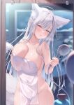  1girl :p animal_ears aotsu_karin blurry blurry_background blush breasts cameltoe cleavage commentary_request covered_navel depth_of_field fox_ears fox_tail grey_hair hair_between_eyes highres holding holding_shower_head large_breasts long_hair looking_at_viewer mature_female mirror naked_towel onsen original purple_eyes reflection shower_head solo standing steam tail tongue tongue_out towel very_long_hair wide_hips 