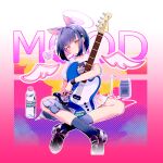  1girl absurdres animal_ears animal_print black_hair blue_archive blue_socks blush brown_shoes cat_ears cat_girl cat_print cellphone closed_mouth colored_inner_animal_ears colored_inner_hair commentary drawn_wings electric_guitar guitar halo highres holding holding_guitar holding_instrument holding_phone instrument kazusa_(band)_(blue_archive) kazusa_(blue_archive) moelava multicolored_hair official_alternate_costume phone pink_hair pink_halo red_eyes shirt shoes short_hair skirt smartphone smile socks solo symbol-only_commentary t-shirt two-tone_hair white_shirt white_skirt 