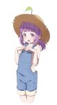  1girl :3 :d bare_arms bare_shoulders blue_overalls blunt_bangs blush cropped_legs hands_up hat highres long_hair looking_at_viewer low_ponytail naked_overalls onion_(tamanegi) original overalls ponytail purple_eyes purple_hair raised_eyebrows short_ponytail simple_background smile solo standing straight_hair straw_hat tearing_up teeth upper_teeth_only white_background 