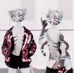 3d_(artwork) angry anthro aroused balls black_bottomwear black_clothing black_coat black_shorts black_topwear blue_claws blue_hair_tips blue_markings blurred_background blush blushing_at_viewer bottomwear bottomwear_down claws clothed clothing coat dark_markings digital_media_(artwork) domestic_cat erection facial_markings felid feline felis fellatio_gesture femboy fur genitals gesture glowing glowing_claws glowing_hair_tips glowing_markings grey_body grey_fur grey_hair hair head_markings hi_res ineffective_clothing looking_at_viewer low_poly male mammal markings max_(pestbudmax) nude partially_clothed penis pestbudmax pink_eyes red_clothing red_coat red_topwear shorts shorts_down solo suggestive suggestive_gesture tongue tongue_out topwear