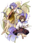  2girls barefoot brown_eyes brown_hair commentary_request floating flower full_body hair_flower hair_ornament highres holding holding_instrument instrument kaigen_1025 looking_at_viewer low_twintails multiple_girls music pipa_(instrument) playing_instrument purple_eyes purple_hair sheet_music smile touhou tsukumo_benben tsukumo_yatsuhashi twintails 