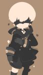  1boy 9s_(nier:automata) arm_belt arm_up belt belt_buckle black_coat black_shorts blindfold brown_background brown_belt buckle closed_mouth coat covered_eyes dot_nose feet_out_of_frame gloves long_sleeves male_focus nier:automata nier_(series) rizu_(rizunm) short_hair shorts solo standing white_hair 
