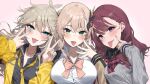  3girls :p black_shirt blue_eyes blue_nails blush bow breasts brown_hair cevio character_request collarbone collared_shirt commentary_request double_v dress_shirt girl_sandwich green_eyes grey_sweater hair_between_eyes hand_up hands_up highres jacket kasukabe_tsumugi large_breasts long_hair long_sleeves mole mole_under_eye multiple_girls nail_polish natsuki_karin necktie open_clothes open_jacket pink_background pink_bow plaid_bow puffy_long_sleeves puffy_sleeves purple_eyes red_bow sandwiched school_uniform scrunchie shirt simple_background sleeves_past_wrists sweater tongue tongue_out upper_body v voicevox white_shirt wrist_scrunchie yappen yellow_jacket yellow_necktie yellow_scrunchie 