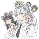  6+girls :3 ? animal_ears bang_dream! bang_dream!_it's_mygo!!!!! bang_dream!_our_notes black_hair black_necktie blue_eyes blue_hair brown_hair chibi chihaya_anon diaper flower glasses green_hair guagua977 hair_flower hair_ornament hamasaki_mahoro highres izawa_natsume izumi_houka kaname_raana kotohira_nagi long_hair millsage_(bang_dream!) multiple_girls mygo!!!!!_(bang_dream!) nagasaki_soyo necktie open_mouth pink_hair purple_eyes shiina_taki shiomi_hotaru shirt simple_background takamatsu_tomori twitter_username white_background white_hair white_shirt yahata_umiri 