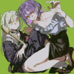  2girls 7-string_guitar bang_dream! bang_dream!_it's_mygo!!!!! black_shoes black_skirt blue_dress breasts chinese_commentary cleavage closed_mouth commentary_request dress electric_guitar extended_range_guitar frilled_shirt frills green_background green_hair grey_shirt guitar guitar_strap hand_up highres instrument kneeling long_hair multiple_girls open_mouth pink_eyes plaid_clothes plaid_dress purple_hair shirt shoes simple_background skirt sssakanaaa sweatdrop wakaba_mutsumi yellow_eyes yuri yuutenji_nyamu 