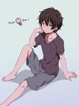  1boy barefoot brown_hair casual copyright_name english food frown green_eyes hyouka ice_cream male male_focus oreki_houtarou powd short_hair shorts simple_background sitting solo title_drop 