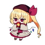  1girl absurdres blinking blonde_hair blush brown_shoes can canned_coffee chibi commentary_request crystal_wings drink_can drinking flandre_scarlet full_body hat highres holding holding_can long_hair long_sleeves no_nose nose_blush pleated_skirt red_eyes red_ribbon red_scarf red_skirt ribbon scarf shoes simple_background skirt sleeves_past_fingers sleeves_past_wrists socks solo steam touhou very_long_hair white_background wings winter_clothes you_(noanoamoemoe) 