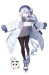  1girl absurdres ahoge alternate_costume aokumo_rin bag_charm beret black_bag black_pantyhose blue_hat blue_mittens blue_ribbon blue_streaks breasts charm_(object) cloud_hair_ornament coat commentary dress full_body fur-trimmed_coat fur-trimmed_sleeves fur_trim grey_coat grey_hair grey_scarf hair_ornament hair_ribbon hair_rings hairclip hat highres ice_skates kurimi_(aokumo_rin) large_breasts leaning_forward looking_at_viewer mittens multicolored_hair one_eye_closed open_clothes open_coat open_mouth outstretched_arms pantyhose plaid_clothes plaid_scarf ribbed_sweater ribbon scarf side_ponytail simple_background single_hair_ring skates smile solo spread_arms stellive streaked_hair sweater sweater_dress teeth upper_teeth_only virtual_youtuber white_background white_sweater winter_clothes winter_coat yireh 