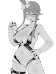  1girl blush breasts commentary crop_top gloves greyscale hair_ornament hand_on_own_hip hand_up holding holding_poke_ball holster jamjamstyle large_breasts long_hair long_sleeves looking_at_viewer midriff monochrome navel parted_lips poke_ball poke_ball_(basic) pokemon pokemon_bw revision shiny_skin short_shorts shorts sidelocks simple_background skyla_(pokemon) smile solo stomach thigh_holster thighs turtleneck white_background 