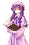  1girl blue_bow book bow commentary_request constricted_pupils cowboy_shot crescent crescent_hat_ornament crote dress hair_bow hat hat_ornament highres holding holding_book large_variant_set long_hair long_sleeves looking_at_viewer mob_cap neck_ribbon parted_lips patchouli_knowledge pink_hat pink_robe purple_eyes purple_hair purple_ribbon red_bow ribbon robe shaded_face solo striped_clothes striped_dress tachi-e touhou transparent_background variant_set vertical-striped_clothes vertical-striped_dress 