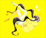  bad_id bad_pixiv_id bare_legs black_hair fur_coat headphones highres kamitsure_(pokemon) legs_up long_hair lying midriff mismatched_footwear one_eye_closed pokemon pokemon_(game) pokemon_bw2 ruriboshi smile solo sparkle very_long_hair yellow_background 