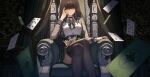  1girl ace_(playing_card) ace_of_diamonds black_choker black_hair black_nails black_thighhighs buttons card choker collared_shirt crescent cropped_jacket crossed_legs crown diamond_(shape) four_of_clubs game_cg green_ribbon green_skirt grey_jacket hand_on_own_face highres indoors jacket long_hair looking_at_viewer mochizuki_himiya neck_ribbon nine_of_hearts no_eyes non-web_source plaid_clothes plaid_skirt playing_card poker_fate ribbon seven_of_spades shaded_face shirt sitting sitting_on_throne skirt solo spade_(shape) spade_brooch spotlight thighhighs three_of_hearts throne unworn_crown unworn_headwear white_shirt 