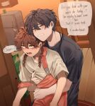  2boys arrow_(symbol) black_hair black_nails black_shirt blush braid brown_hair clothes_lift commentary earrings english_commentary english_text grabbing_from_behind grey_eyes highres jewelry lifting_another's_clothes looking_at_another low_twin_braids male_focus multiple_boys necklace open_mouth overalls pink_overalls sebastian_(stardew_valley) shirt shirt_lift short_hair speech_bubble stardew_valley sunnyyy1210 trembling twin_braids undressing_another wavy_mouth white_shirt yaoi yellow_eyes 