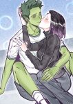  1boy 1girl absurdres alternate_costume beast_boy_(dc) black_shirt blue_background blush chinese_commentary closed_eyes closed_mouth collarbone colored_skin commentary_request couple dc_comics forehead_jewel from_side gem green_eyes green_hair green_skin hand_on_another's_head hetero highres hug imminent_kiss kiss leaning_on_person long_sleeves looking_down mixed-language_commentary pants purple_hair raven_(dc) red_gem shirt short_hair short_sleeves sitting teen_titans upper_body white_shirt xingchen96926 