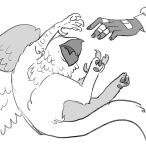 ambiguous_gender avian beak claws digital_media_(artwork) domestic_pet duo edward_(starfleetrambo) ermin_(starfleetrambo) feral gryphon human mammal monochrome mythological_avian mythological_creature mythology open_mouth paws simple_background siren_and_scientist sketch starfleetrambo tail wings